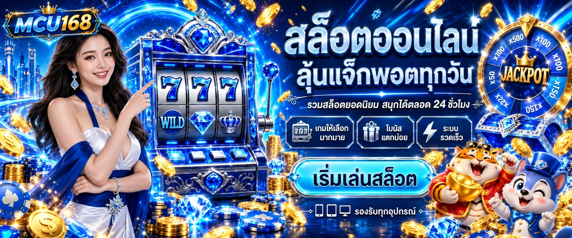 แบนเนอร์ MCU168 สล็อตเว็บตรงพร้อมเครื่องสล็อตและตัวละคร PG Soft